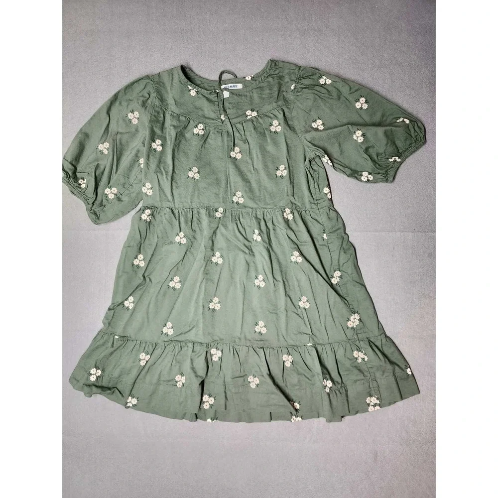 Old Navy Girls XL 14-16 Sage Green Floral Tiered Babydoll Dress Puff Sleeve